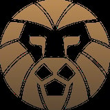 Geometric lion head logo with tan and black coloring, featuring stylized mane segments and simplified facial features