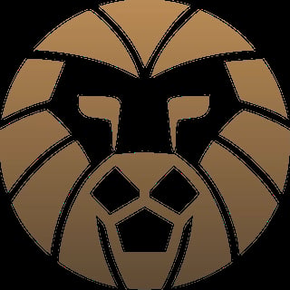 Geometric lion head logo with tan and black coloring, featuring stylized mane segments and simplified facial features