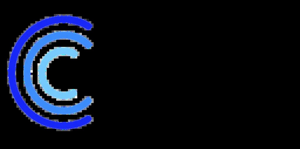 Blue concentric C letter logo or wireless signal icon on black background