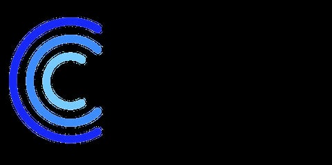 Blue concentric C letter logo or wireless signal icon on black background
